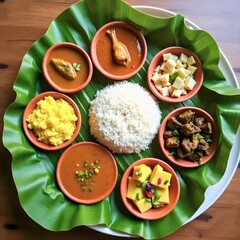 Authentic Bengali Lunch Thali with Rice, Curries, and Sweets on Banana Leaf. 

Flat lay of a traditional Bengali thali served on a banana leaf placed on a plate. Features white rice, fish curry, chick