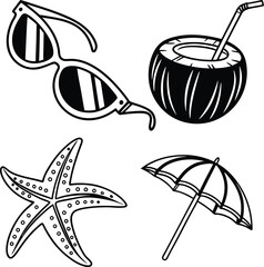 A summer beach vacation set of vector icons features a fun collection of tropical symbols like the sun, umbrella, starfish, sunglasses, palm, ball, and summer drinks for travel and holiday design