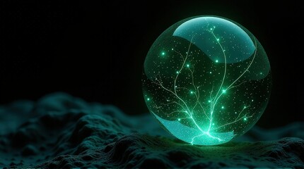 Obraz premium Glowing green orb on textured surface with intricate light patterns.