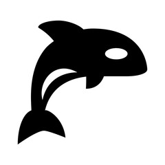 Silhouette of a jumping orca with a visible dorsal fin and tail flukes rendered in a simple black and white style