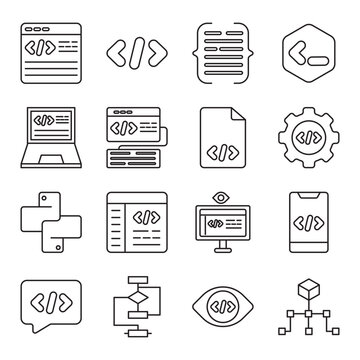 coding language set of web icons in line style. Python, Java, JavaScript, C++, HTML, CSS, Ruby and Swift.  Vector illustration