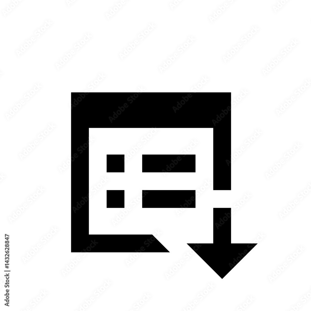 Poster black and white graphic featuring a square shape with internal rectangles and a downward pointing ar