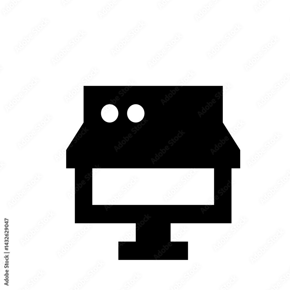 Poster illustration of a black computer monitor with two circles above the screen on a white background