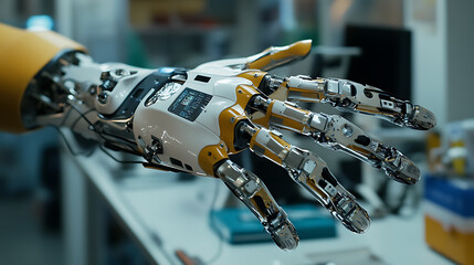 A robotic arm assembling high tech prosthetic arms for disabled individuals in a healthcare lab, integrating sensors and AI-driven motion systems for enhanced limb functionality, Medical-tech style