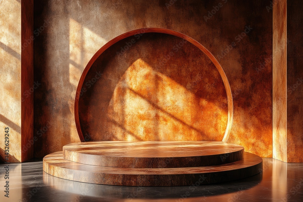 Poster elegant circular stage design features layered platforms and warm tones with natural light casting s
