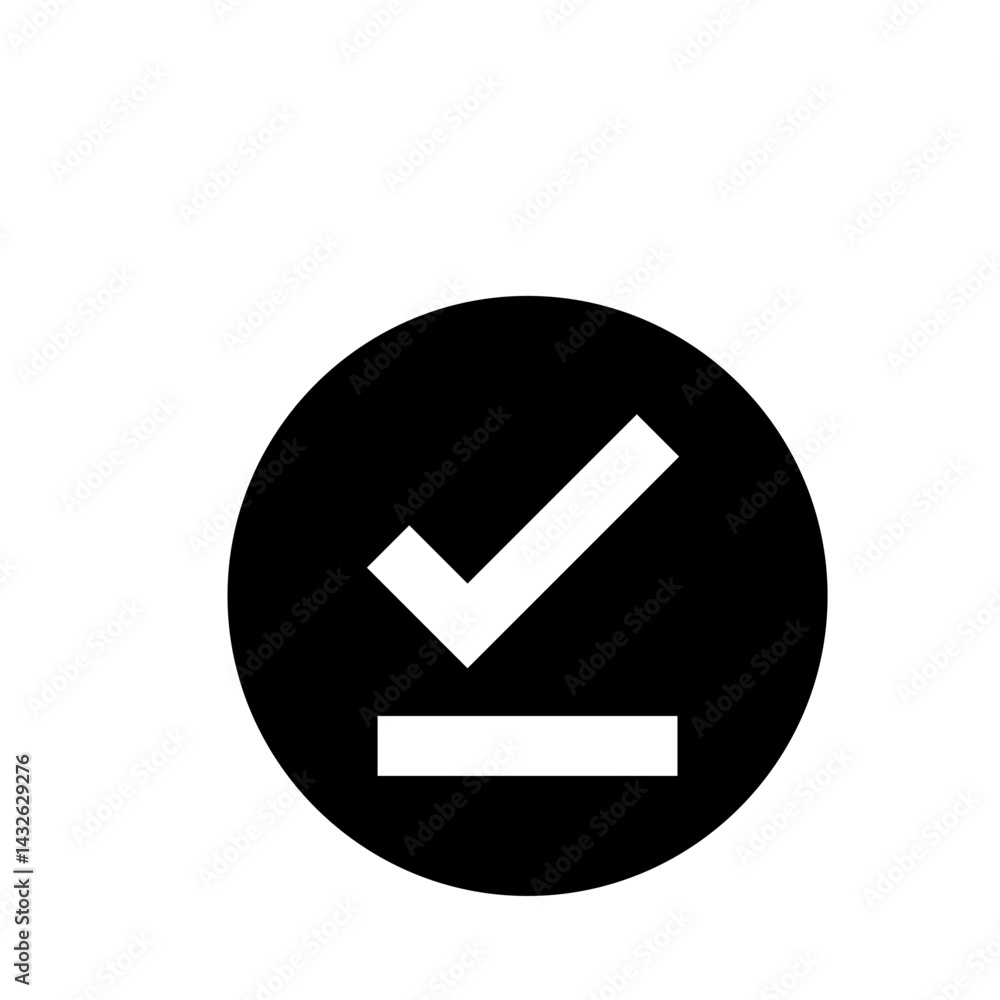 Poster a black circle containing a white checkmark above a white line indicating completion and approval ic