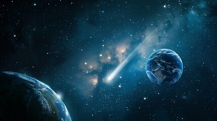 Comet approaching Earth, space, cosmic dust, nebula background, science fiction
