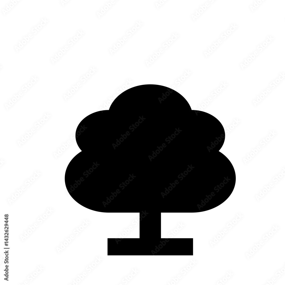 Poster a simple black tree silhouette with rounded top and rectangular base on a white background view