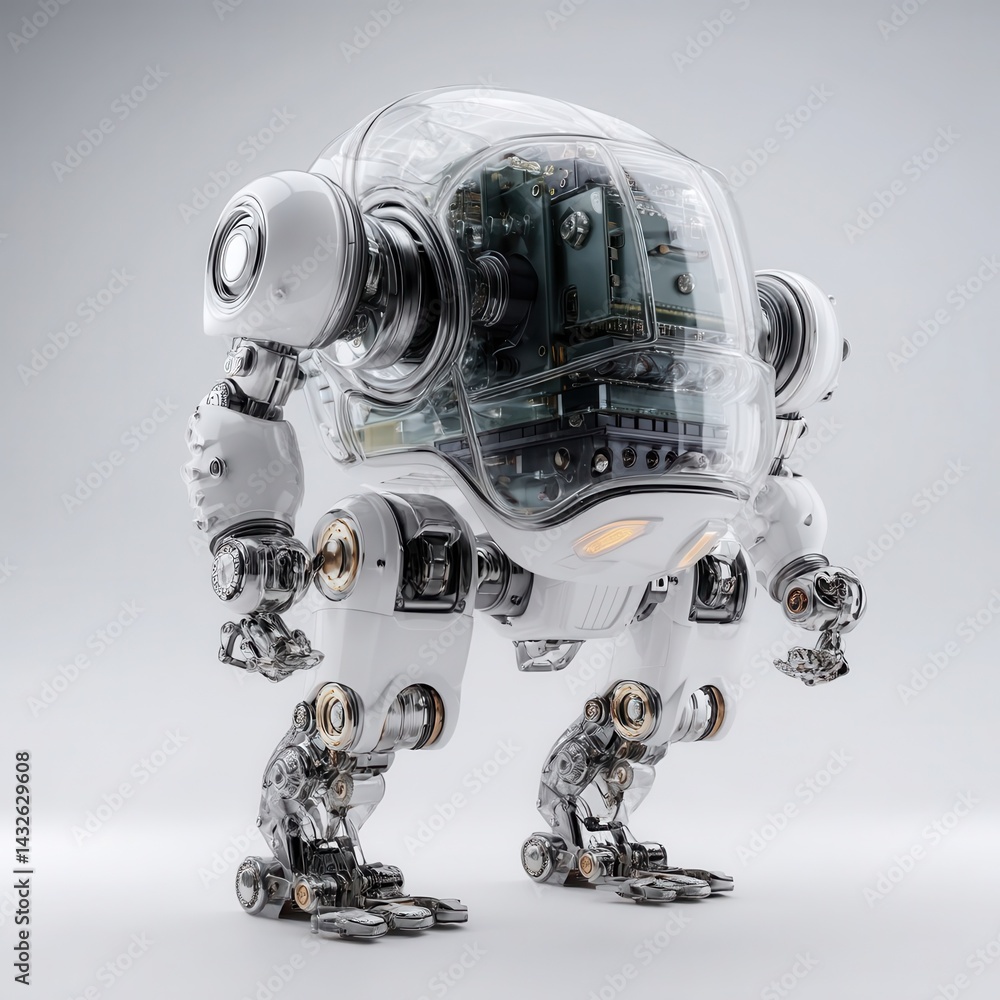 Poster white, futuristic robot design with transparent chassis.