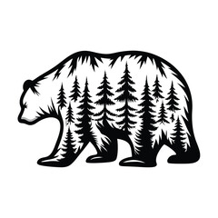 Walking Bear Silhouette Art Black Outline with Pine Tree Forest Detailed Inside Design
