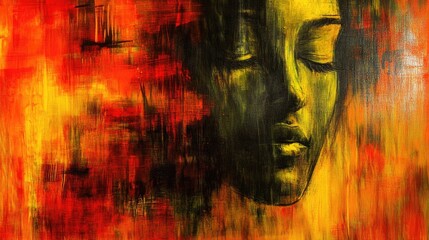 Abstract Fiery Canvas: A Woman's Face in Shades of Orange and Black