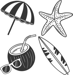 Vector illustration of a fun summer set with sea icons like starfish, sun, and beach umbrella symbols for travel design