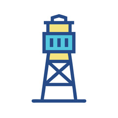 Stylized Watchtower Illustration with Blue and Yellow Accents
