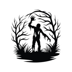 Silhouette of a Spooky Figure with Raised Hands Standing Amidst Spiky Foliage