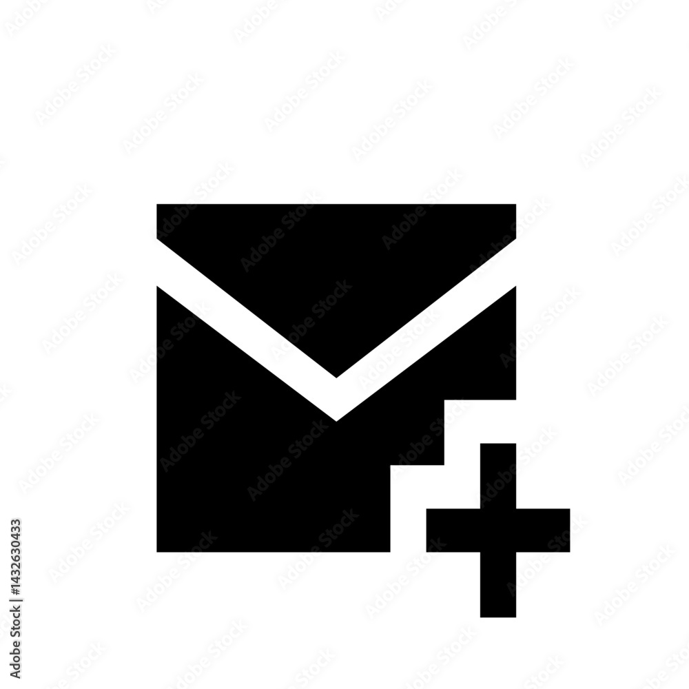 Poster black and white vector graphic depicting an email icon with a plus sign indicating addition or creat