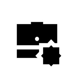 Black and white abstract geometric design featuring a circle, rectangles, and starburst shape icon