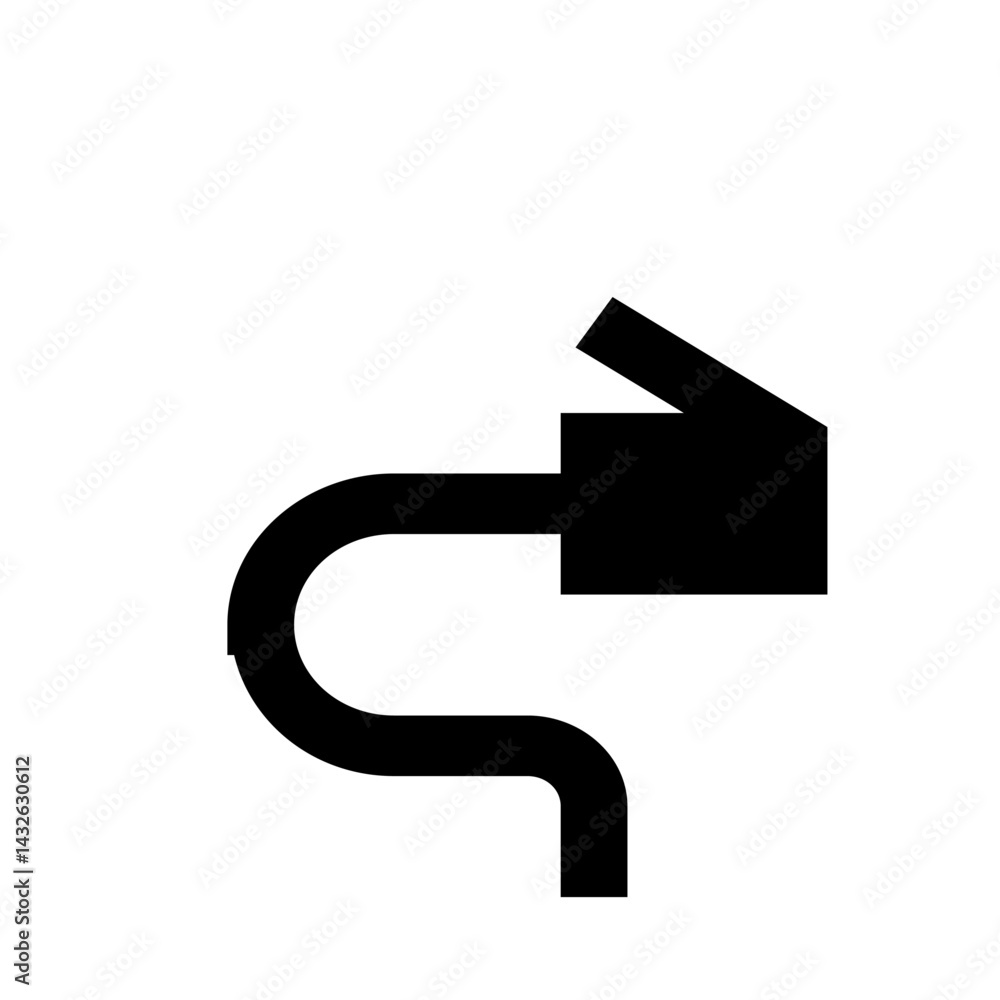 Poster black graphic depicting a curved shape connecting to a rectangular arrow on a white background desig