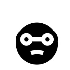 A simple black and white cartoon face with round glasses and a slightly frowning mouth icon design