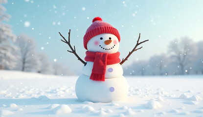 Obraz premium Smiling Snowman in Red Scarf – Cheery Winter Character, Carrot Nose & Twig Arms, Proudly Standing in Snowy Field