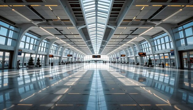 modern airport terminal interior with arched skylight ceiling and reflective floors  - Powered by Adobe