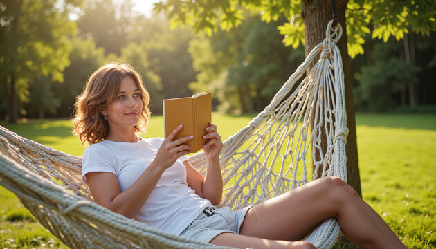 Relaxed young woman reading book in hammock on sunny day
