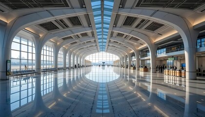 spacious modern interior with high arched ceiling, skylights and reflective floors in contemporary building  
