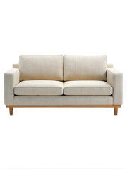 Elegant two seater sofa with light neutral fabric and wooden legs
