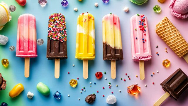 Colorful popsicles arranged with sprinkles, candies, and other treats.  A vibrant display of summer delights