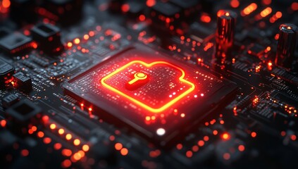 Fototapeta premium Glowing red padlock icon on a dark circuit board, illuminated components and intricate details, cybersecurity concept.