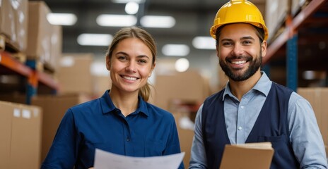 Friendly manager and worker discussing paperwork in an organized distribution warehouse.

