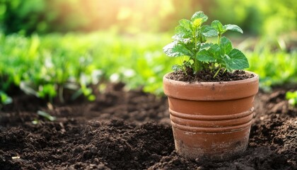 Potted mint plant in garden soil
