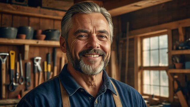 Proud master carpenter posing in their busy wood workshop with crafted pieces around.

