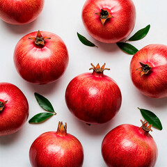 Ripe pomegranates with leaves on white background. Flat lay, top view