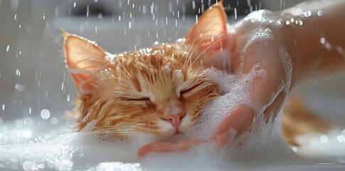 Fototapeta premium Cat Bathing: Gentle Hands Washing Orange Kitten