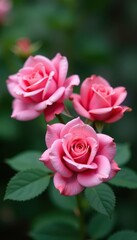 Three pink roses in soft focus, blurred background, summer, blurred background