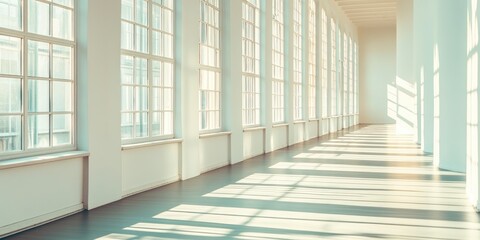 Obraz premium Sunlit Gallery Corridor: Architectural Photography of a Bright, Empty Space with Numerous Windows