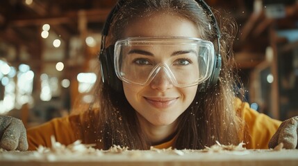 Focused woman wearing safety gear smiles while working with wood in a workshop