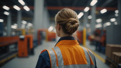 A woman wearing a high-visibility vest stands in a factory, looking forward.