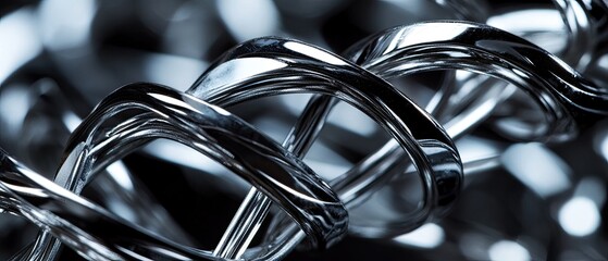 Abstract Metallic Spiral: Close-Up of Polished Chrome Intertwined Rings, Reflecting Light and Shadow