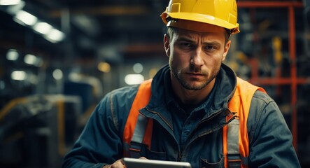 A serious male construction worker wearing a yellow hard hat and an orange safety vest, looking intently at the camera in a factory setting.