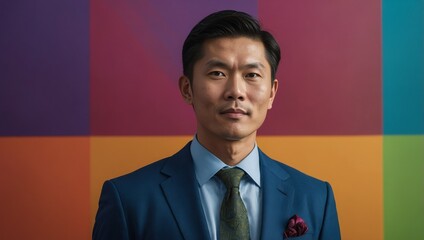 A professional Asian man in a suit and tie stands against a colorful, abstract background.
