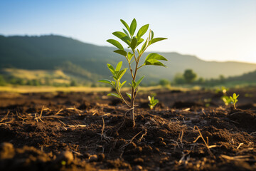 Young Plant In Soil With Mountain Background