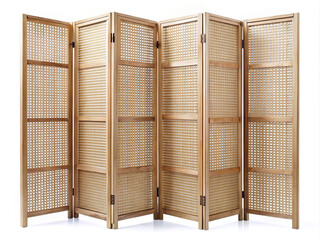 Five panel wooden folding screen with caning on a white background
