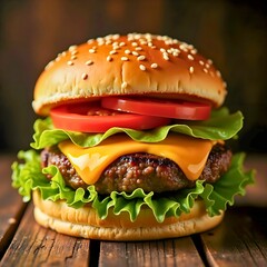 Close-up of a Juicy Homemade Burger with Cheese, Lettuce, and Tomato. 

Appetizing close-up shot of a homemade beef patty burger topped with melted cheese, crisp lettuce, and tomato chunks. Placed on 