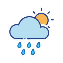 Cartoon sun behind a cloud with falling raindrops
