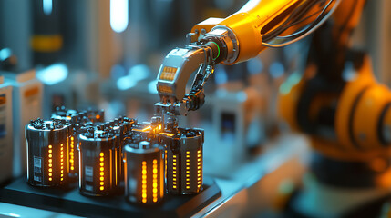A robotic arm assembling next generation batteries in an advanced clean energy lab, automated quality checks on high-density cells, Sustainable-tech style