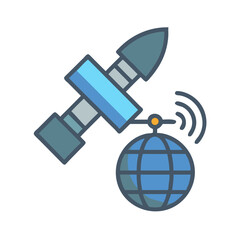 Satellite orbiting earth, sending communication signals vector icon