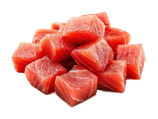 Preparing fresh tuna cubes for sashimi seafood market food isolated on transparent background