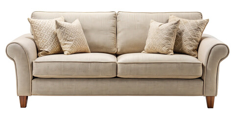 Elegant light beige sofa with decorative pillows for a comfortable living room