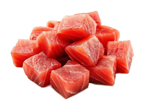 Preparing fresh tuna cubes for sashimi seafood market food isolated on transparent background